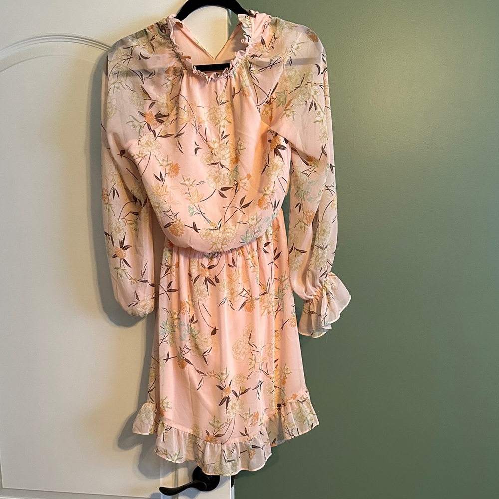 Delicate Pink Floral Ruffle-Neck Maxi Dress